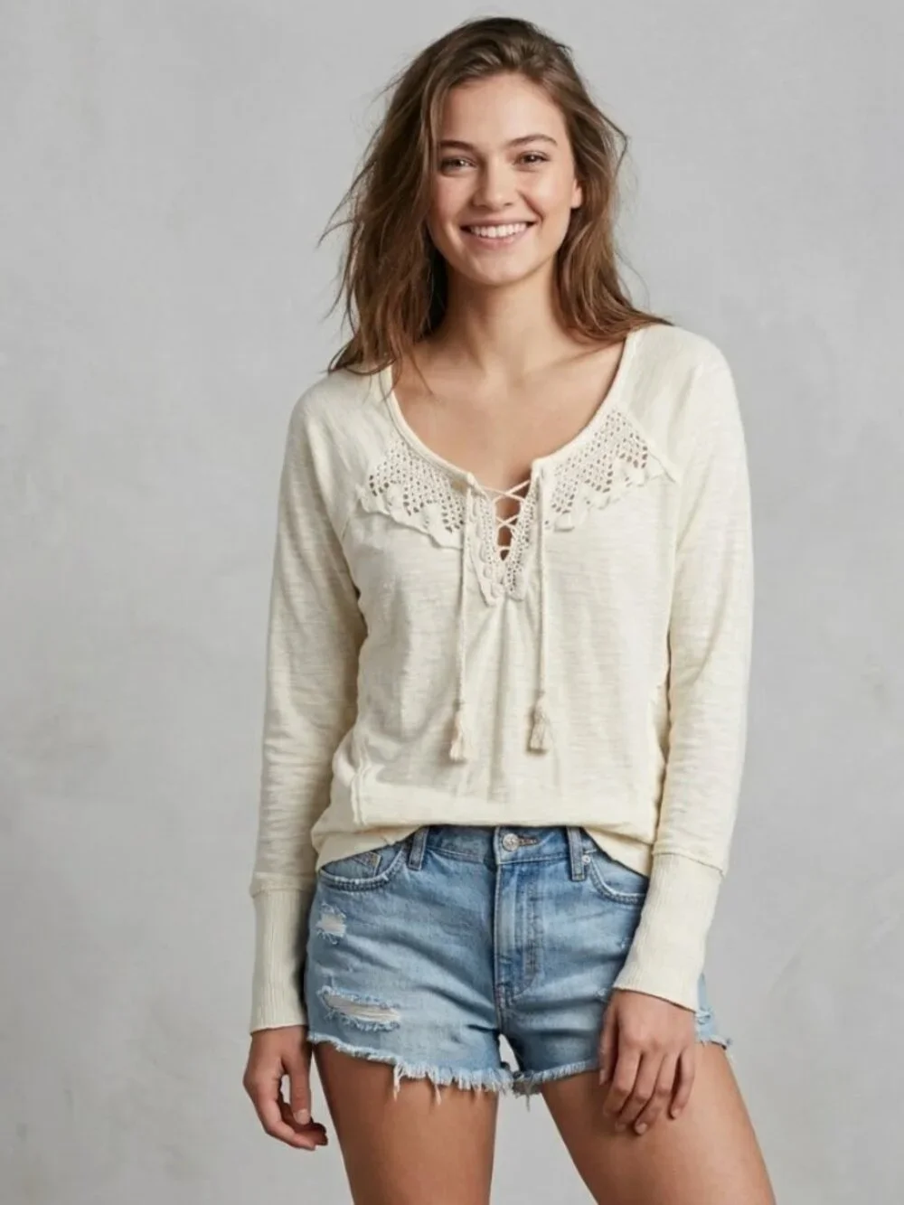 Free People Cream Crochet Lace Up Henley L Boho Y2K Cottage Long Sleeve Western